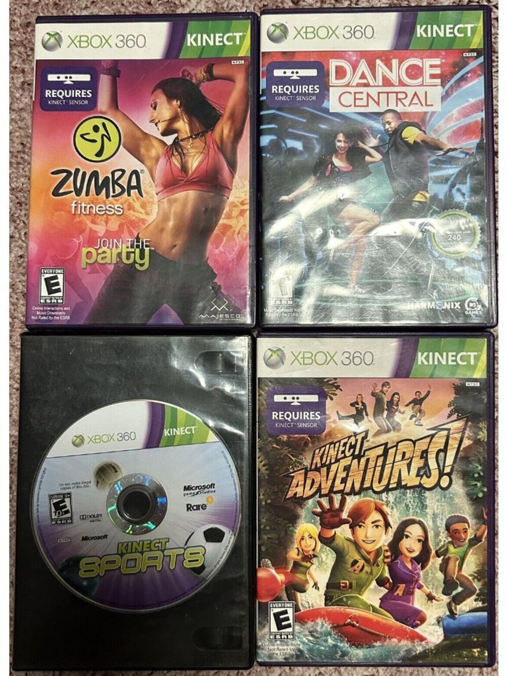 Lot of 4 XBOX 360 Kinect Zumba Fitness, Sports, Dance Central, Adventures! READ